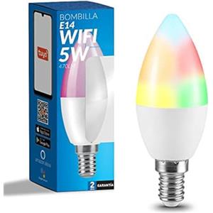 M Ledme - Lampadina LED Smart WiFi a Candela 6W (Eq. 50 W) Attacco E14, non necessita di Hub, RGB+CCT, Dimmerabile, Luce Bianca e Colorata, compatibile con Alexa e Google Home, LM7144