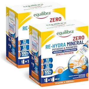 equilibra Potassio e Magnesio, Re-Hydra Mineral Zero, 12 Stick Bundle, Gusto Arancia, Senza Zuccheri, Integratore Magnesio, Potassio, Sodio per Reintegro Sali e Reidratazione, Senza Glutine e Lattosio