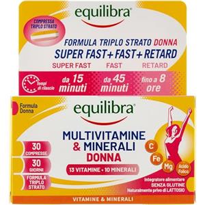 equilibra Integratori Alimentari, Multivitamine & Minerali Donna, Integratore Tripla Azione di Magnesio, Ferro, Acido Folico e Vitamina C, Senza Glutine, 30 Compresse Triplo Strato a Rilascio Graduale