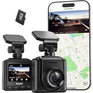Avylet 2K Dash Cam Wi-Fi Con Scheda 64GB, Mini Telecamera per Auto 1440P con APP, Dashcam Auto GPS Esterno, WDR, Visione Notturna, 24H Monitor di Parcheggio, Rilevamento di Movimento, G-Sensor