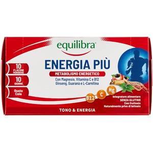 Equilibra Integratori Alimentari, Energia Più, Integratore con Magnesio, Vitamina C, Vitamina B12, Ginseng, Guaranà e L-Carnitina, Gusto Cola, Senza Glutine, 10 Flaconcini Pronti da Bere