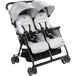 Chicco OHlalà Twin Passeggino Gemellare Doppio da 0 Mesi a 15 kg, Passeggino Leggero Reclinabile e Pieghevole, Poggiagambe Regolabili, Parapioggia e Capottina Estendibile Silver Cat, Grigio