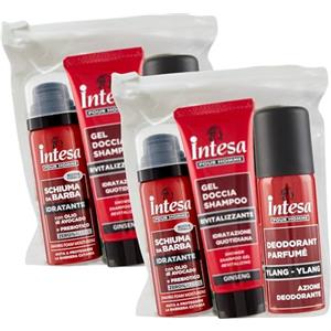 FEI FAN Busta Set Da Viaggio: Schiuma Da Barba Idratante, Con Olio Di Avocado e Prebiotico 50ml, Gel Doccia Shampoo Rivitalizzante Ginseng 50ml, Deodorante Ylang-Ylang 50ml (2 Buste)