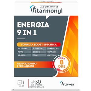 Vitarmonyl Energia 9 in 1 - Integratore Alimentare Stanchezza e Energia - Multivitaminico - Vitamina C, B2, Vitamina B12, Ferro, Ginseng, Zenzero, Caffeina - Boost di Vitamine - 30 Compresse - Vitarmonyl