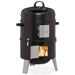 Relaxdays Affumicatore Verticale 3in1, Grigliare, Affumicare & Cuocere, Termometro & Cappa, Barbecue Smoker,∅ 40 cm,Nero