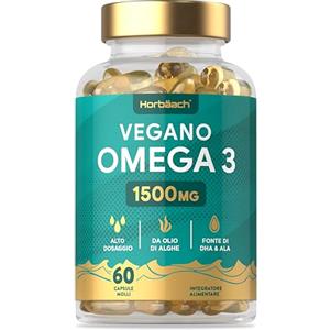 Horbäach Omega 3 Vegan ad Alta Efficienza 1500mg | Derivato da Olio di Alghe | Fonte di DHA e ALA | 60 Capsule | di Horbaach