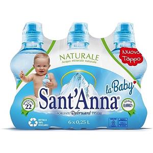 Sant'Anna Acqua Sant'Anna La Baby Naturale 0,25 Litri | Bottiglia con tappo Thumb Up | Plastica 100% Riciclabile | Pack da 24 bottiglie (4 confezioni da 6 bottiglie)