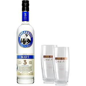 Beylerbeyi RAKI Beylerbeyi | Set di 1 bottiglia di Mavi Raki turco 70cl + 2 bicchieri da Raki | Brandy turco aromatizzato all'anice - 100% uva fresca - senza zuccheri aggiunti