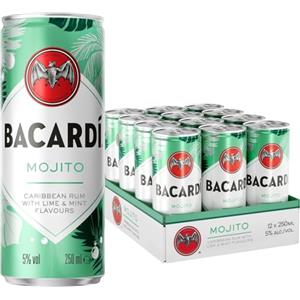 Bacardi BACARDÍ Mojito, Vol. 5%, 12 x 25 cl / 250 ml, cocktail premixato pronto da bere in lattina, creato con Rum BACARDÍ Carta Blanca e miscelato con Lime e Menta