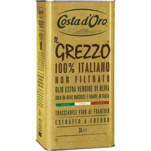 Costa d'Oro - Il Grezzo, Olio extravergine di oliva non filtrato 100% italiano. Estratto a freddo subito dopo il raccolto, ricco di vitamine e antiossidanti naturali. Latta Da 3 litri.