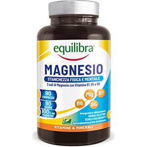 Equilibra Integratori Alimentari, Magnesio, Integratore per la Stanchezza Fisica, Mentale e la Funzione Muscolare, a Base di 3 Sali di Magnesio, Vitamine del Gruppo B, Vegan, Gluten Free, 90 Compresse