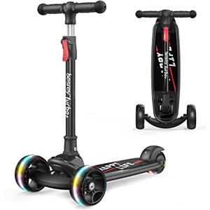besrey Monopattino per Bambini da 3-10 anni, Monopattino Piegevole a 3 Ruote con Luci per Bambino e Bambina, Regolabile in 4 Altezze, Nero