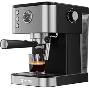 EVVO Caffettiera Express Intensa, Pressione 20 Bar, Corpo in Acciaio, Caffettiera Italiana per Espressi e Capuccini, 1350W, Doppia uscita, Portafiltri, Serbatoio da 1,5 L (con manometro)