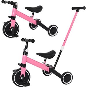 XUANYU 4 in 1 Triciclo Evolutivo Bambino, Bicicletta con Pedali Rimovibili per Bambini 1-7 Anni, Mini Bici/Girello con Maniglione Parentale, Bicicletta Evolutivo per Ragazze e Ragazzi (Nero-rosa)