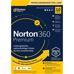 Norton 360 Premium - Sicurezza Antivirus per PC, Mac, Android e iOS, 1 Anno, Fino a 10 Dispositivi, 75 GB Cloud-Backup