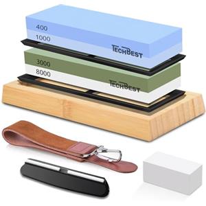 TechBest Pietre per affilare coltelli - Pietra Affilacoltelli Professionale con Doppia Granulometria 400/1000 e 3000/8000, Base Antiscivolo in Bambù, Pietra per Appiattire, Guida Angolare e di Pelle