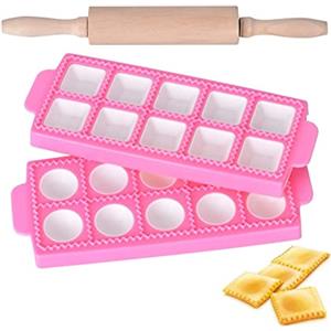 Queta Stampo per raviolini rotondi,Stampo in plastica per ravioli, 2 stampi per ravioli (Tondi + Quadrati),con 1 Mattarello in Legno,per Cottura di Pizza, Argilla, Pasta, Biscotti, Gnocchi