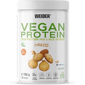 Weider Vegan Protein (750g) Gusto Cookies. Proteine Vegane 23g/dose isolate di piselli e riso, Con Vitamina B12 e Stevia, Senza Glutine, Senza Zucchero, Contenitore 50% Riciclato, 100% Riciclabile