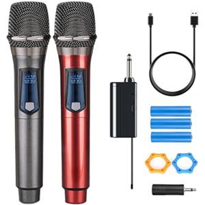 HUACAM Microfono wireless, doppio microfono wireless ricaricabile, doppio microfono wireless dinamico portatile per canto karaoke, matrimonio, DJ, festa, discorso, chiesa, uso in classe, sistema PA, 200 pied