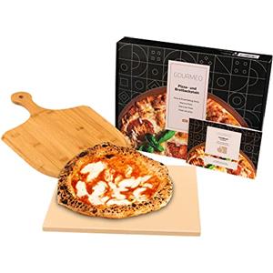 GOURMEO Pietra Refrattaria per Pizza in Casa o Barbecue - Pietra Lavica per Forni per Pizza - Con Pala in Bambù da 38x30 cm - Crosta Croccante e Perfetta
