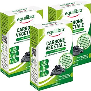 Equilibra Integratori Alimentari, Carbone Vegetale, Integratore a Base di Carbone Vegetale, Contribuisce alla Riduzione dell'Eccessiva Flatulenza Postprandiale, 3 pezzi da 50 compresse