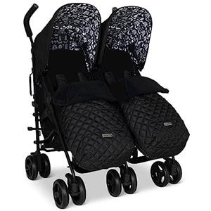 Cosatto Supa Dupa - Passeggino doppio, 0-25 kg, leggero, pieghevole, compatto, con coprigambe, portabicchieri e parapioggia (sagoma nera)