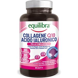 equilibra Integratori Alimentari, Collagene Q10 Acido Ialuronico, Benessere e Bellezza della Pelle, a Base di Collagene Idrolizzato, Acido Ialuronico, Coenzima Q10, Vitamine C ed E, 90 Compresse