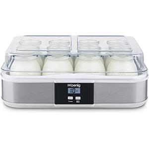 H.Koenig Yogurtiera 12 vasetti ELY120, Capacità 12 x 160 ml, Programmabile, Display LCD, Corpo in acciaio inox, Senza BPA, Lavabile in lavastoviglie, Spegnimento automatico, Potenza 21,5 W