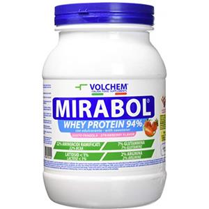 Volchem Mirabol Whey Protein 94, Integratore Alimentare con Proteine del Siero del Latte, 22% Aminoacidi Ramificati, con Arginina e Glutammina, Barattolo con Polvere Solubile, Gusto Fragola, 750 g