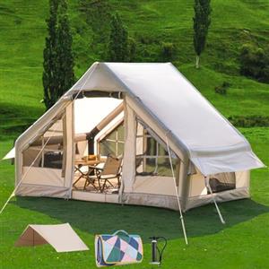 DanCoom Tenda da campeggio con tettoia, tenda a capanna, 4-6 persone, tenda per glamping, con telo parasole, facile da montare, impermeabile, per esterni, tenda gonfiabile con coperta da picnic (ICTENT-L)