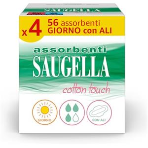 Saugella Assorbenti Cotton Touch Giorno, 56 Assorbenti Cotone Giorno con Ali, Azione Antibatterica, Antiodore e Lenitiva