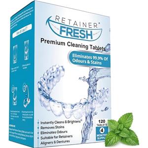Retainer Fresh Pastiglie detergenti - 120 compresse, pulizia bite, Pulizia dentiere, compresse apparecchi ortodontici, e Igienizzare Bite, Apparecchi Trasparenti, Protesi e Allineatori