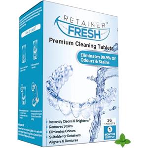 Retainer Fresh Pastiglie detergenti - 36 compresse, pulizia bite, Pulizia dentiere, compresse apparecchi ortodontici, e Igienizzare Bite, Apparecchi Trasparenti, Protesi e Allineatori