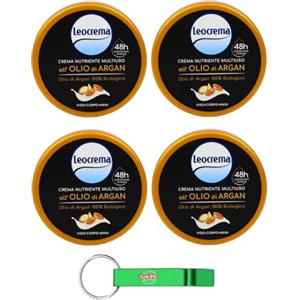 Beni Culinari 4 X Leocrema Crema Nutriente Multiuso all'Olio di Argan, crema nutriente multiuso con olio di argan al 100%, ideale per viso, corpo e mani crema corpo 150 ml + portachiavi Beni Culinari
