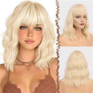 FESHFEN Parrucca Biondo Platino Ondulato Corta con Frangia, Parrucche Donna Bob Corte Parrucca Riccia Uso Quotidiano del Partito Sintetiche Parrucche per Donna, 35cm