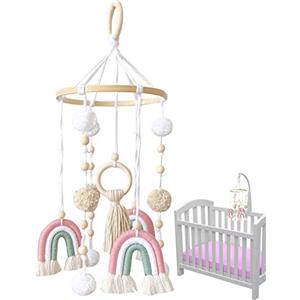 GIMOCOOL Giostrina Culla Neonato Legno, Culla Mobile Neonato Nursery Giostrina per Culla con Palline di e Arcobaleno, Baby Campanelli Eolici Culla Mobile, Decorazione Ornamento Regalo