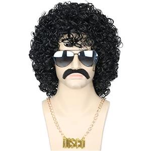 Topcosplay Confezione da 3 Parrucche da Uomo Anni 70 e 80 Stile Disco, Barba Scompigliata, Nero Misto e Biondo Corto Afro Shaggy con Collana da Barba