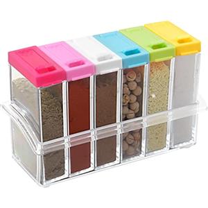 Pinsheng Set di 6 Contenitore Trasparente spezie, Trasparente Vasetti Portaspezie in Plastica con Vassoio, Scatola per Condimenti da campeggio in Plastica per Pepe e Sale(colorato)