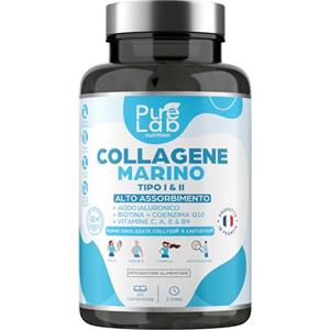 Pure Lab Nutrition Collagene Marino Idrolizzato Tipo 1 e 2 + Acido Ialuronico + Biotina & Coenzimi Q10 + Vitamine C, A, E, B9 - Cura di 2 Mesi, 60 Compresse da 1000mg - Pelle, Articolazioni, Capelli & Anti-età