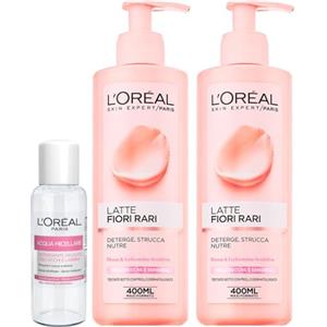 L'Oreal Paris L'Oréal Paris Skin Expert Latte Struccante Fiori Rari Strucca e Idrata Pelli Secche e Sensibili 2 Flaconi da 400ml + Acqua Micellare Detergente Delicato Formato Viaggio da 30ml