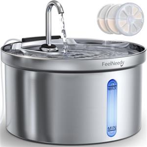 FEELNEEDY Fontanella per Gatti in Acciaio Inox 3,5 Litri Fontana d'Acqua | con Rubinetto per Animali Domestici Silenziosa, con 3 Filtri e USB Spina