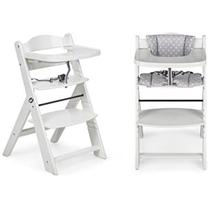 Ms BabyWorld Seggiolone Full per bambini in legno, completamente, evolutivo, seggiolone, ergonomico, regolabile, sicuro, Bianco/Grigio