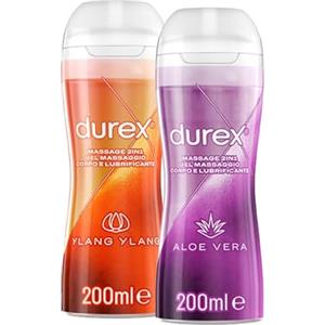 Durex Massage 2 in 1, Lubrificante Sessuale Intimo a Base d'Acqua, Gel Lubrificante per Rapporti Intimi, Ylang Ylang 200 ml e Aloe Vera 200 ml