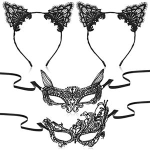 BBTO 2 Cerchietti con Orecchie di Gatto in Pizzo di Halloween e 2 Maschere da Gatto per Donna Accessori per Costume da Trucco Festa Cosplay Bomboniere Carnevale Addio al Nubilato Travestimento
