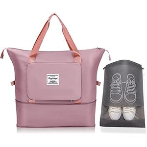 PINC® Borsone da Viaggio Pieghevole, Borsone Palestra, Borsa Sportiva Tote Gym, Borsa a Mare impermeabile, Borsone Grande Capacità per uomo e donna (Rosa) + Sacchetto Portascarpe (Grigio)