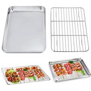 Chicieve, teglia da forno con griglia di raffreddamento rimovibile in acciaio inox, set antiaderente per barbecue (32 x 22 cm)