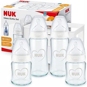 NUK First Choice+ Starter set biberon in vetro | 0-6 mesi | Tettarella ortodontica in silicone | 4 biberon anti-colica e una scatola portabottiglie | Senza BPA | 5 pezzi
