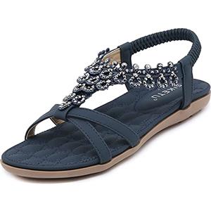 Acfoda Sandali Donna Estive Piatto Eleganti Infradito Bohemia Sandalo de Spiaggia Casual Comodi Scarpe Bassi Ortopedici Strass Sandale Blu 36