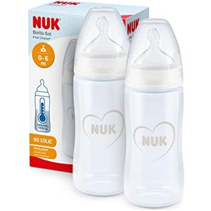 NUK First Choice+ biberon | 0-6 mesi | 300 ml | Biberon anti-colica con tettarella ortodontica in silicone | Controllo della temperatura | senza BPA | Bianco e grigio | 2 pezzi