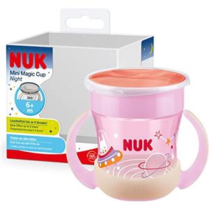 NUK Mini Magic Cup Night Bicchiere salvagoccia | Bordo 360° anti-rovesciamento | 6+ mesi | Si illuminano al buio | Impugnatura facile | Privo di BPA | 160 ml | rosa
